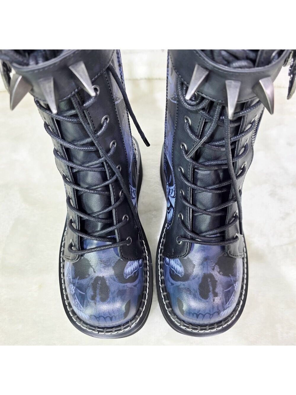 NIB NEW DEMONIA Emily Death Moth Skull Graphic Platform Goth Punk Mid Calf Boots - Picture 6 of 16